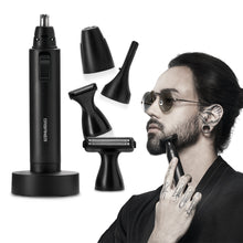 Man trimming beard edge with URBANER 4-in-1 grooming kit, with charging stand and four attachment heads