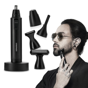 Man trimming beard edge with URBANER 4-in-1 grooming kit, with charging stand and four attachment heads