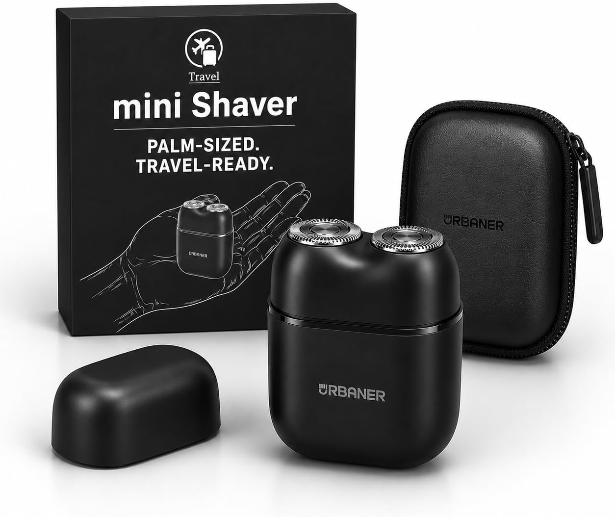 URBANER Mini Shaver - palm-sized travel electric shaver with dual rotary heads, charging case and box