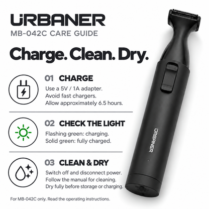 URBANER MB-042C care illustration: 5V / 1A charging, green indicator meanings, and cleaning and drying guidance from the manual
