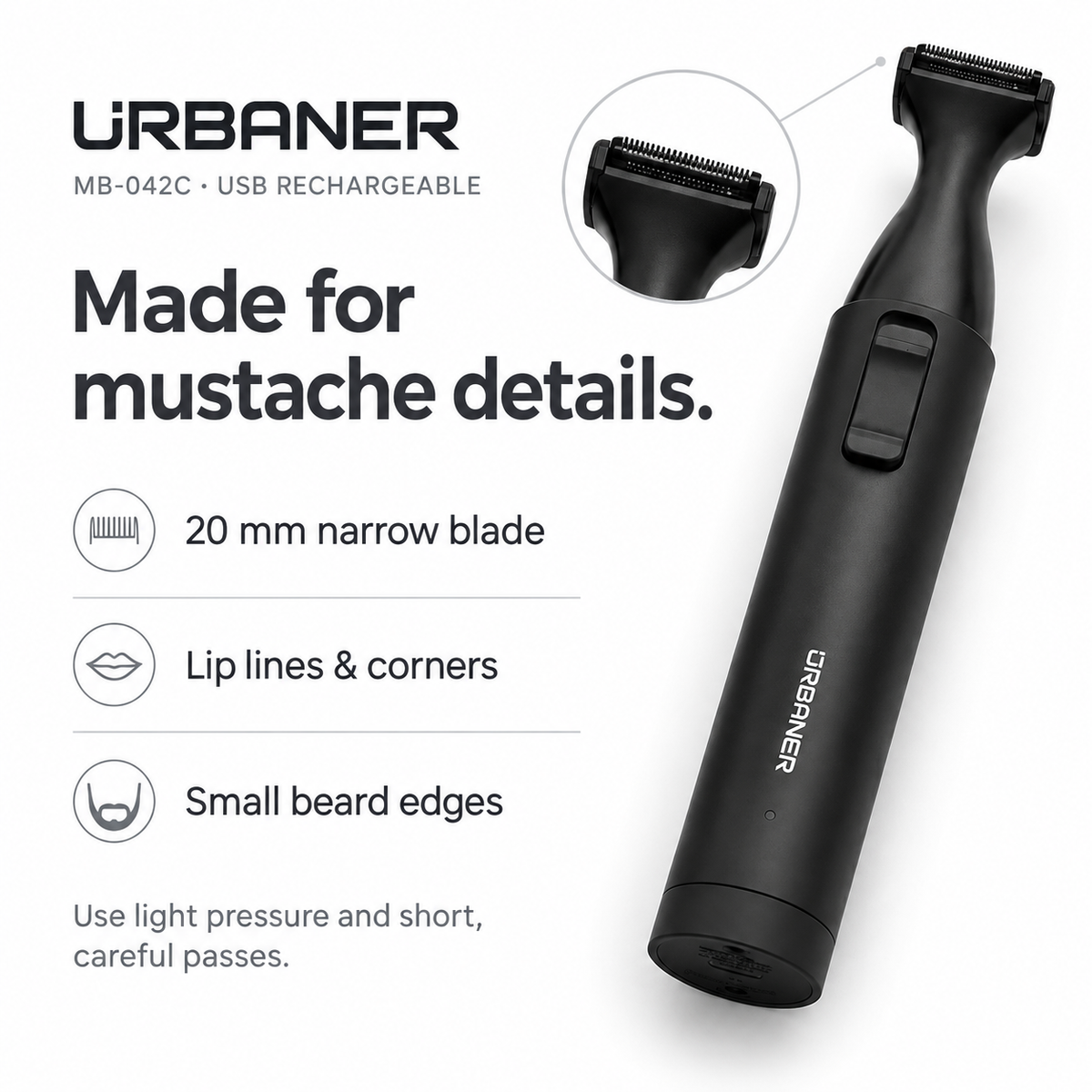 URBANER MB-042C product illustration highlighting the 20 mm blade for lip lines, corners, and small beard edges