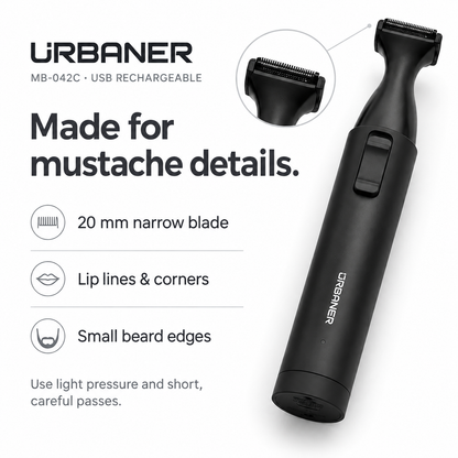 URBANER MB-042C product illustration highlighting the 20 mm blade for lip lines, corners, and small beard edges