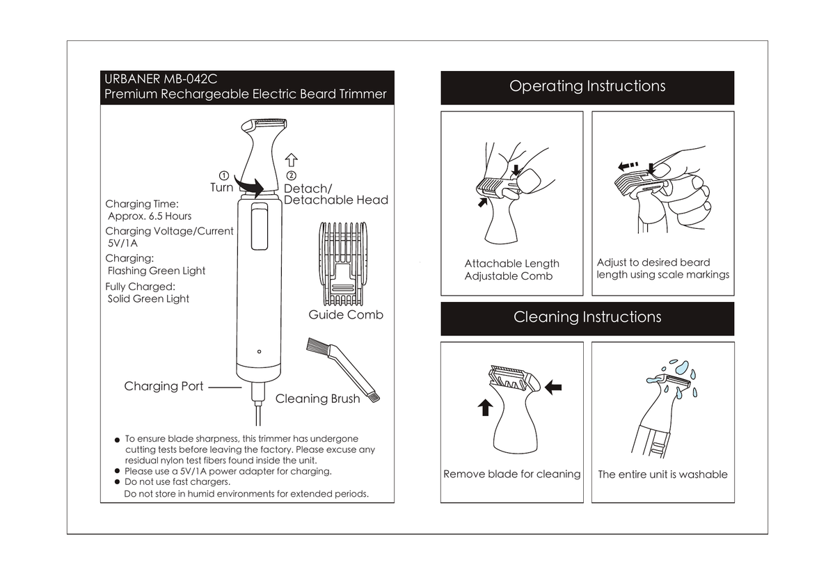URBANER MB-042C instructions showing charging, adjustable guide comb, removable head, and cleaning steps
