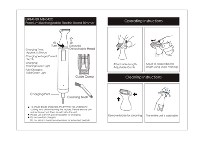 URBANER MB-042C instructions showing charging, adjustable guide comb, removable head, and cleaning steps