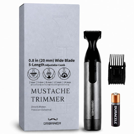 URBANER battery-operated mustache trimmer with 0.8 inch wide blade, 5-length adjustable comb and AA battery