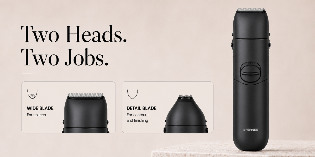 URBANER dual-head trimmer showing a wide blade for upkeep and a detail blade for precise contours
